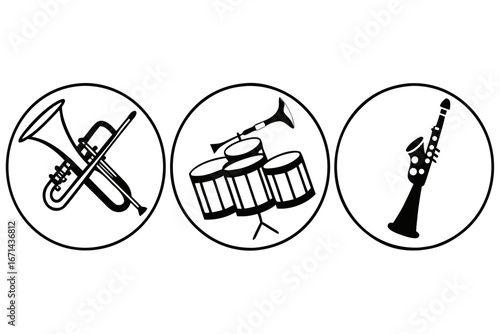 Musical Instruments Icons Trumpet Drums Saxophone.