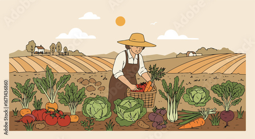 Gardener harvests from vegetable patch on rural farmland