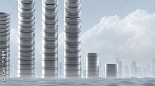 Stack of silver coin stacks increasing height with city skyline bright sky