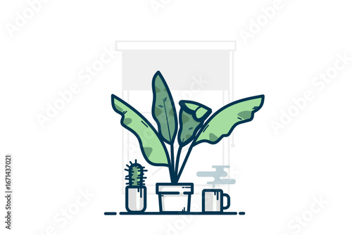 Illustration of indoor plants in pots, including a cactus and large leafy greenery, placed by a window in a minimalist home decor style.