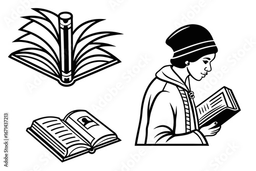 Person Reading Book and Open Books Illustrations.
