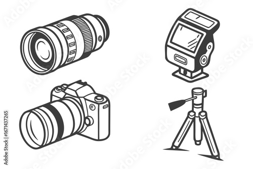 Photography Equipment Collection Camera Lens Flash Tripod.
