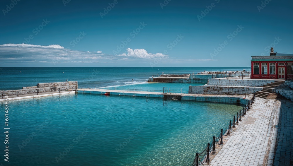 Fototapeta premium Oceanfront swimming pools under a sunny sky