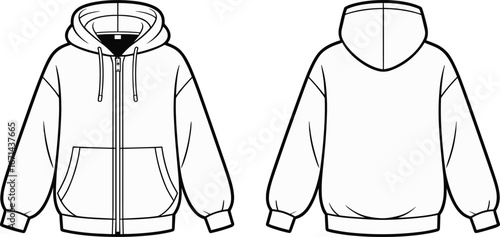 Hooded sweatshirt front back view, full zip closure, drawstring hood, kangaroo pocket, ribbed cuffs, fashion technical drawing, garment construction, clothing illustration