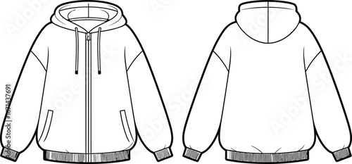 Hooded zip-up jacket, front and back view, technical fashion sketch, ribbed cuffs, drawstring hood, apparel design, garment illustration, outerwear
