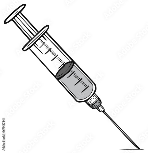 Medical illustration of syringe, filled with liquid medicine for injection