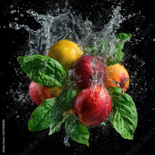 splash of water with ripe fruits and green leaves