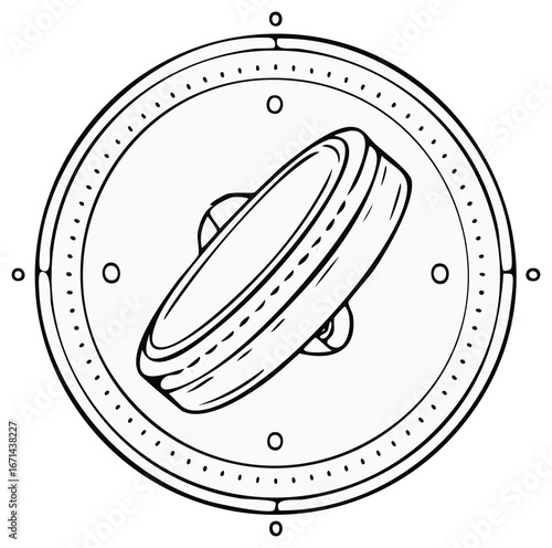 Black and white line art drawing of a tambourine musical instrument percussion circle