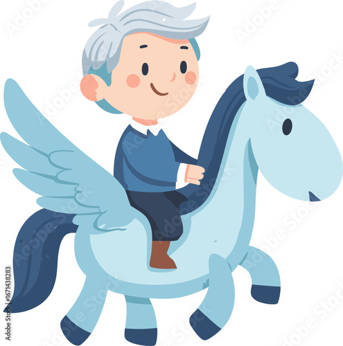 Boy riding a blue pegasus in a whimsical style isolated on transparent background. Vector illustration.