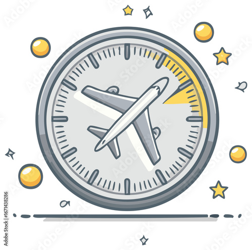 Airplane flying around a clock face indicating travel time and flight schedules