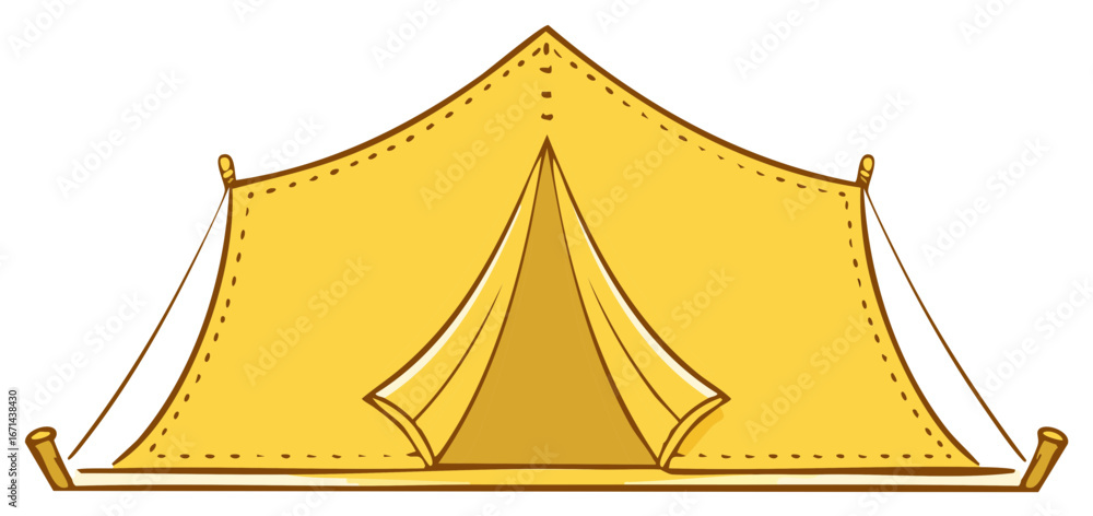 Fototapeta premium Yellow canvas tent with entrance open and ropes securing it