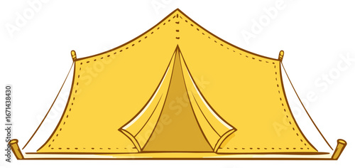 Yellow canvas tent with entrance open and ropes securing it