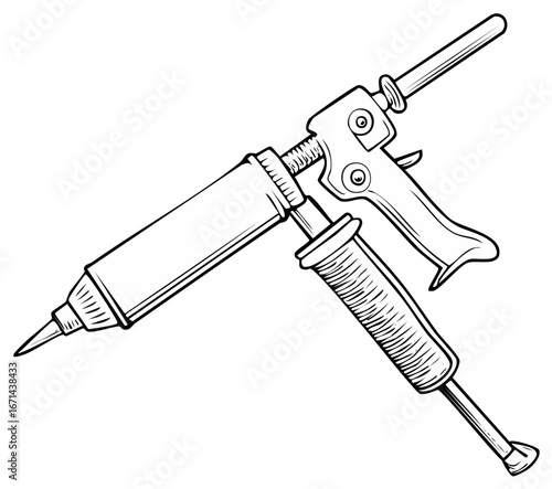 Stylized vector illustration of a caulking gun for repair and construction projects in black and white
