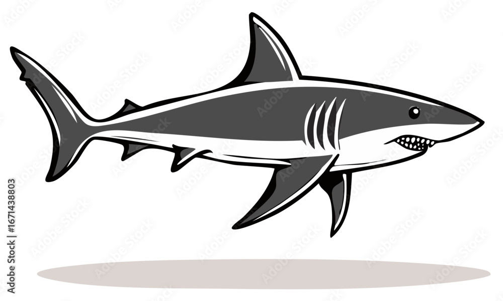 Fototapeta premium Cartoon shark illustration with sharp teeth isolated on white background