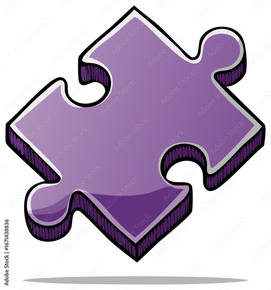 Fototapeta premium Cartoon illustration of a purple puzzle piece with black outlines and shadow