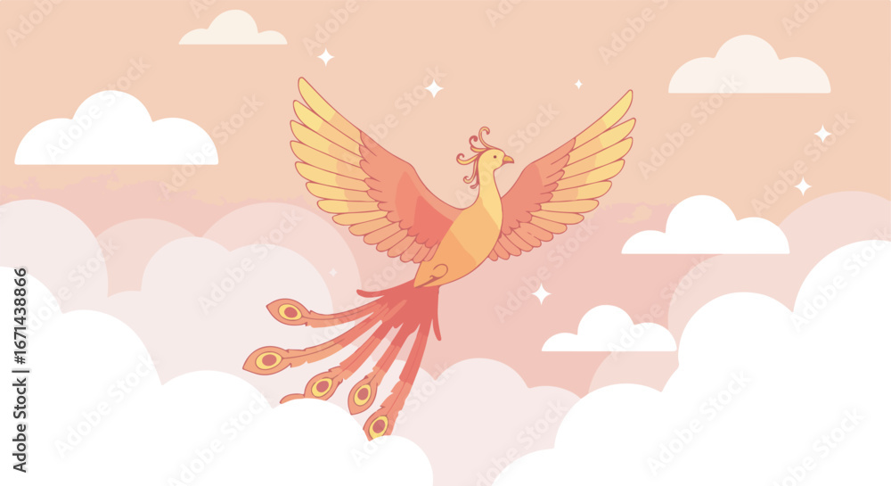 Fototapeta premium Phoenix flight Cartoon bird soaring above clouds in a pastel pink sky