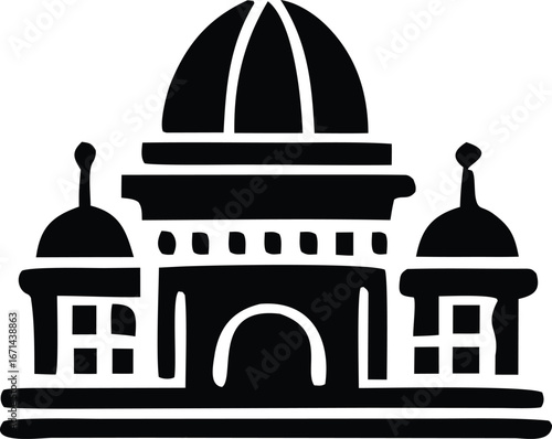 Classic monumental architecture featuring a central dome and symmetrical wings symbolizing heritage and grandeur in a timeless black and white style