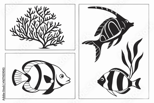 Stylized Black and White Coral and Fish Illustrations 1.