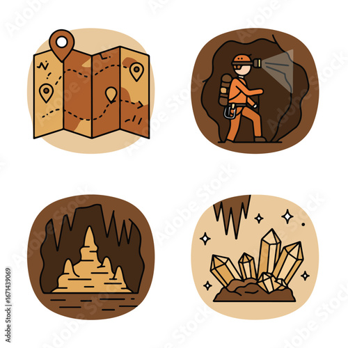 Cave Exploring Map, caver, cave features, and glimmering crystals icons