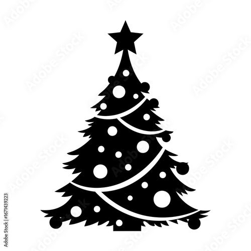 Vector icon of black silhouette of a decorated christmas tree with a star on top