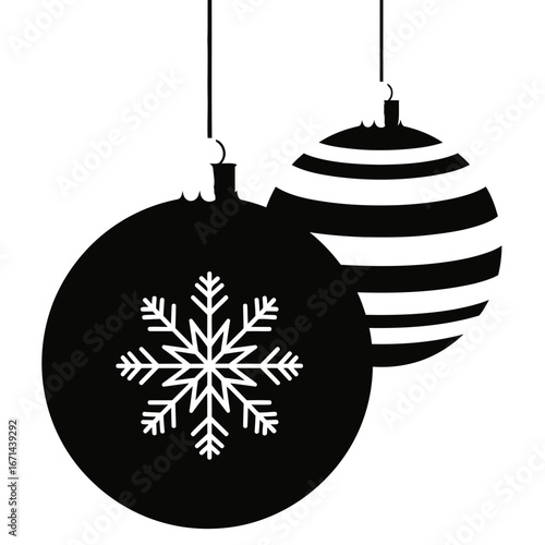 Vector icon of hanging christmas baubles with snowflake and stripes