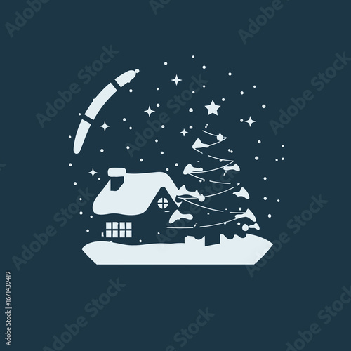 Vector icon of charming winter scene inside a snow globe featuring a cozy house and a decorated christmas tree under a starry, snowy sky