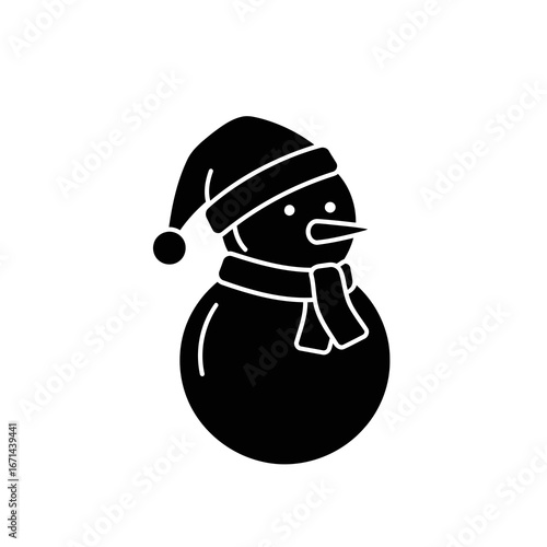 Vector icon of simple black and white illustration of a cheerful snowman wearing a santa hat and scarf, isolated on a
