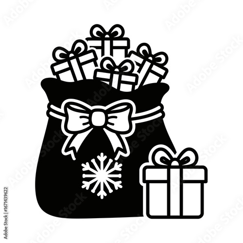 Vector icon of black and white illustration of a santa sack overflowing with christmas gifts, tied with a bow and snowflake