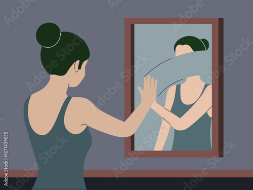 Anonymous woman touching her mirror reflection conceptual sad, self-acceptance and mental health illustration in flat minimalist style