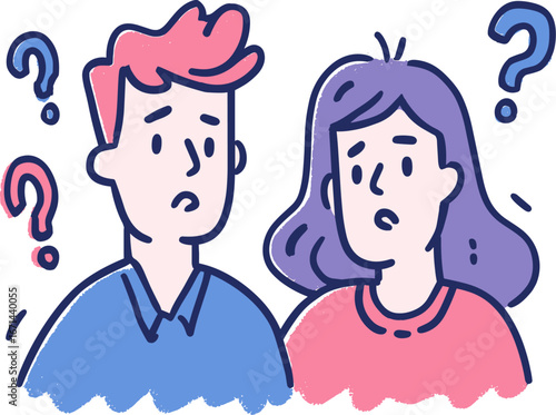 Couple looks confused with question marks above their heads regarding unexpected situation or decision isolated on transparent background. Vector illustration.