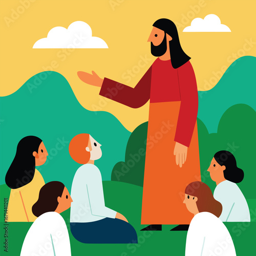 Jesus blessing his disciples before ascension religious Christian artwork vector illustration