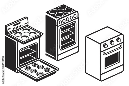 Three Isometric Kitchen Stoves with Baking Tray.