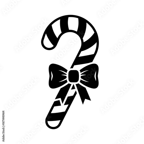 Vector icon of black and white illustration of a candy cane with a bow