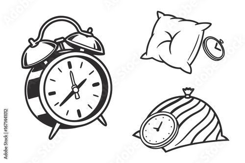 Vintage Alarm Clock and Pillows Illustration.