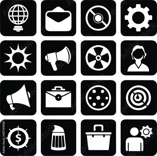 Collection of 16 modern flat design icons for business technology and communication concepts