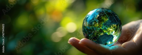 A hand holds a crystal globe of the Earth, with a blurred natural background