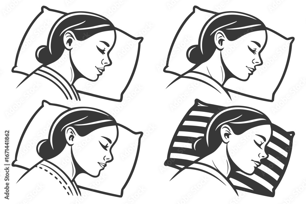 Naklejka premium Woman Sleeping Peacefully on Pillow Stylized Illustration.