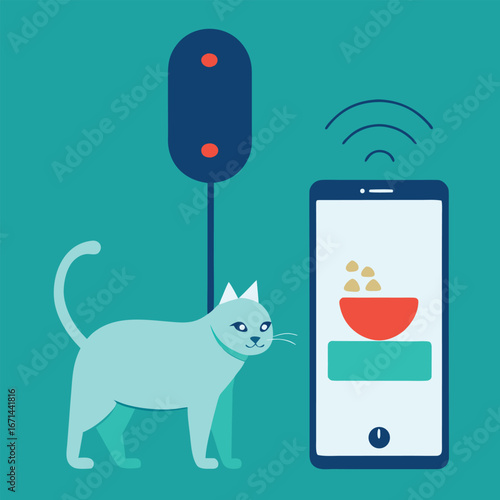 Pet feeder connected to iot smart food dispenser automatic device vector illustration