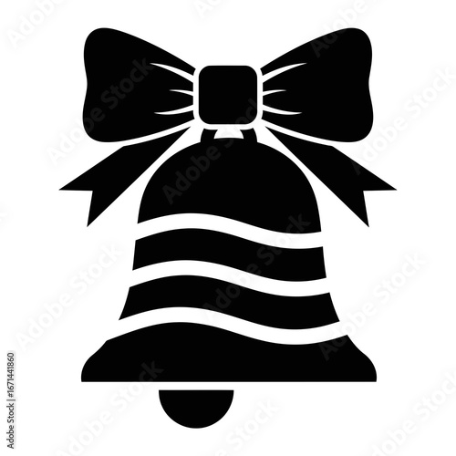 Vector icon of a silhouette of a festive christmas bell adorned with a large bow, featuring horizontal stripes on its body, , representing holiday greetings and carols