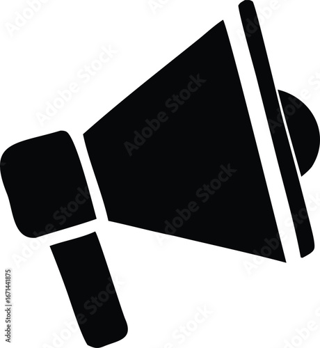 Bold black megaphone icon amplifying sound and communication for announcements and marketing campaigns