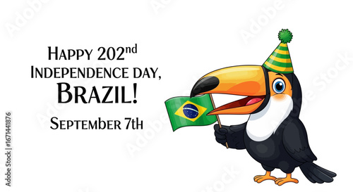 Cartoon toucan wearing a party hat holds the Brazilian flag, celebrating Brazil's 202nd Independence Day on September 7th.