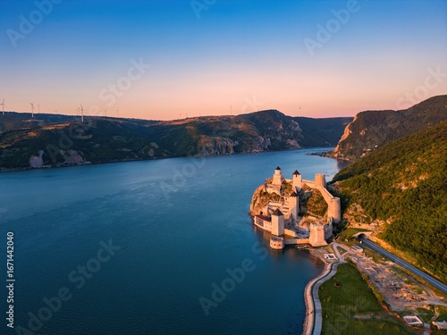 Golubac Fortress and Danube river drone view at sunset in Serbia