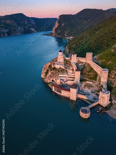 Golubac Fortress and Danube river drone view at sunset in Serbia