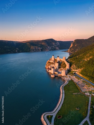 Golubac Fortress and Danube river drone view at sunset in Serbia
