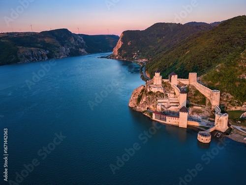 Golubac Fortress and Danube river drone view at sunset in Serbia