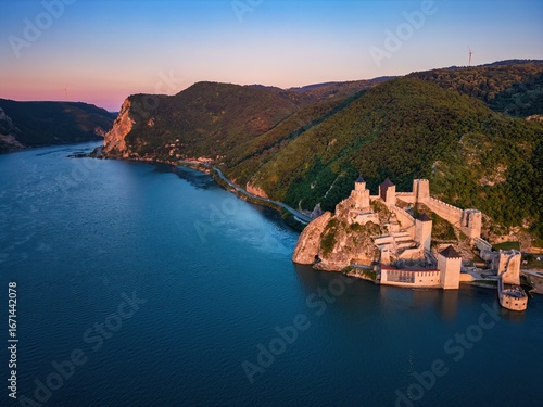 Golubac Fortress and Danube river drone view at sunset in Serbia