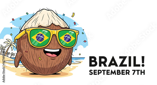 Cartoon coconut wearing sunglasses with the Brazilian flag, smiling, with a beach background and text "BRAZIL! September 7th".