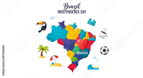 Colorful illustration celebrating Brazil Independence Day, featuring a map of Brazil adorned with iconic symbols.