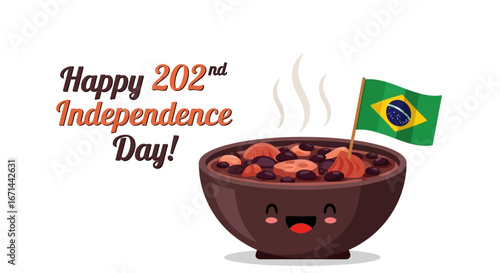 Illustration celebrating Brazil's 202nd Independence Day with a bowl of feijoada and a Brazilian flag.