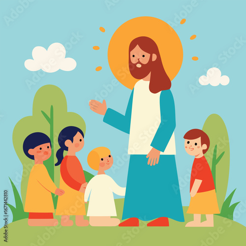 Jesus blessing little children with love and compassion biblical Christian artwork vector illustration